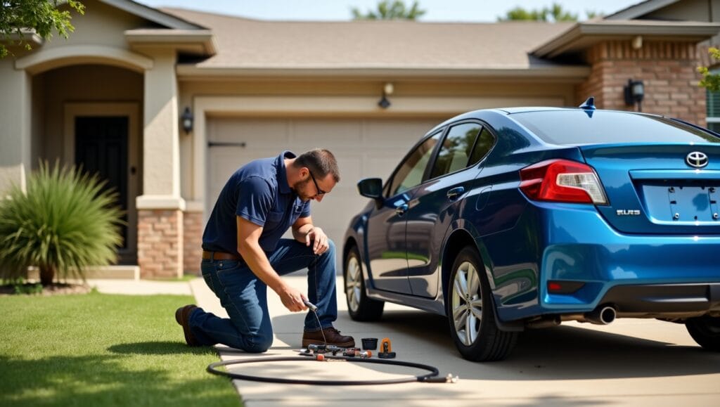 Mechanic setting up tools and lighting for at-home car repair in Oklahoma suburb