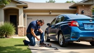 Mechanic setting up tools and lighting for at-home car repair in Oklahoma suburb