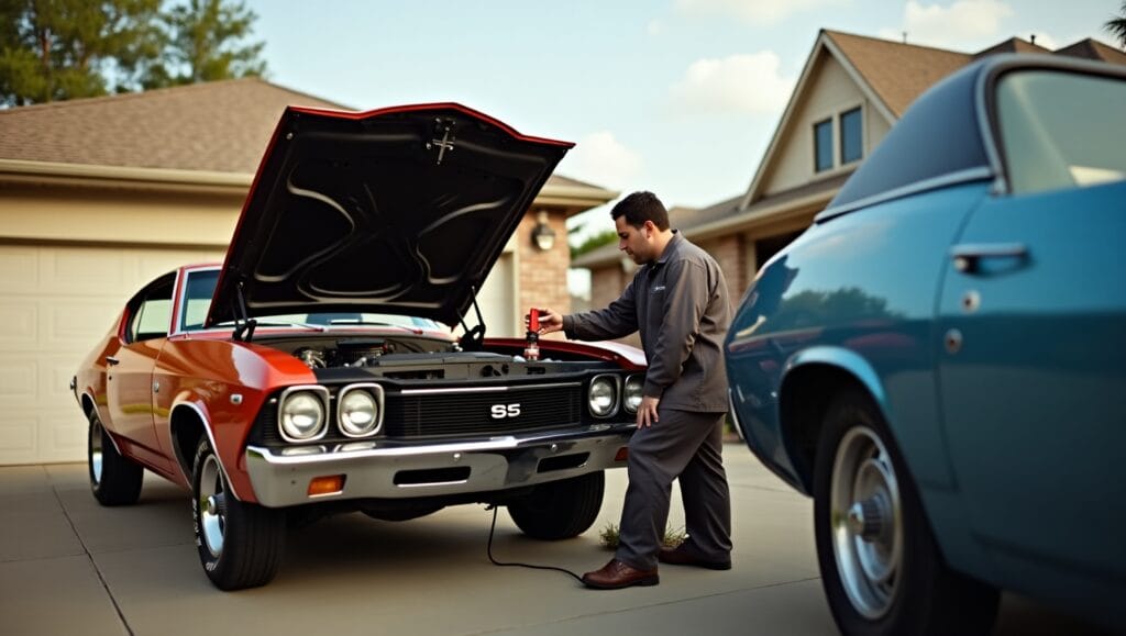 Vintage vehicle receiving brake and engine service from a mobile technician on-site
