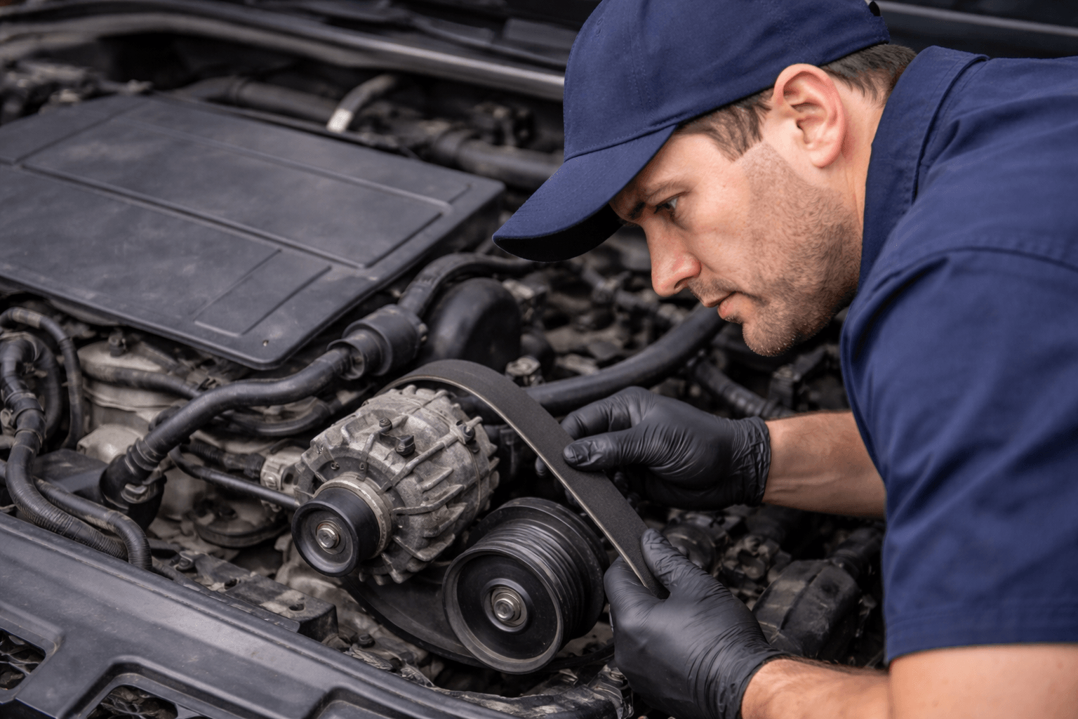 Mechanic inspecting serpentine belt carefully